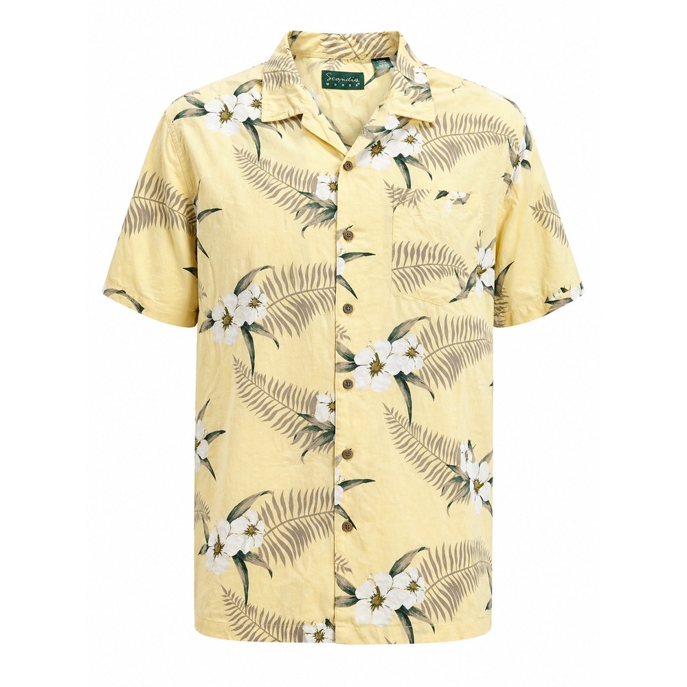 Scandia Woods Mens XL Yellow Tropical Hibiscus Palm Rayon Hawaiian Shirt